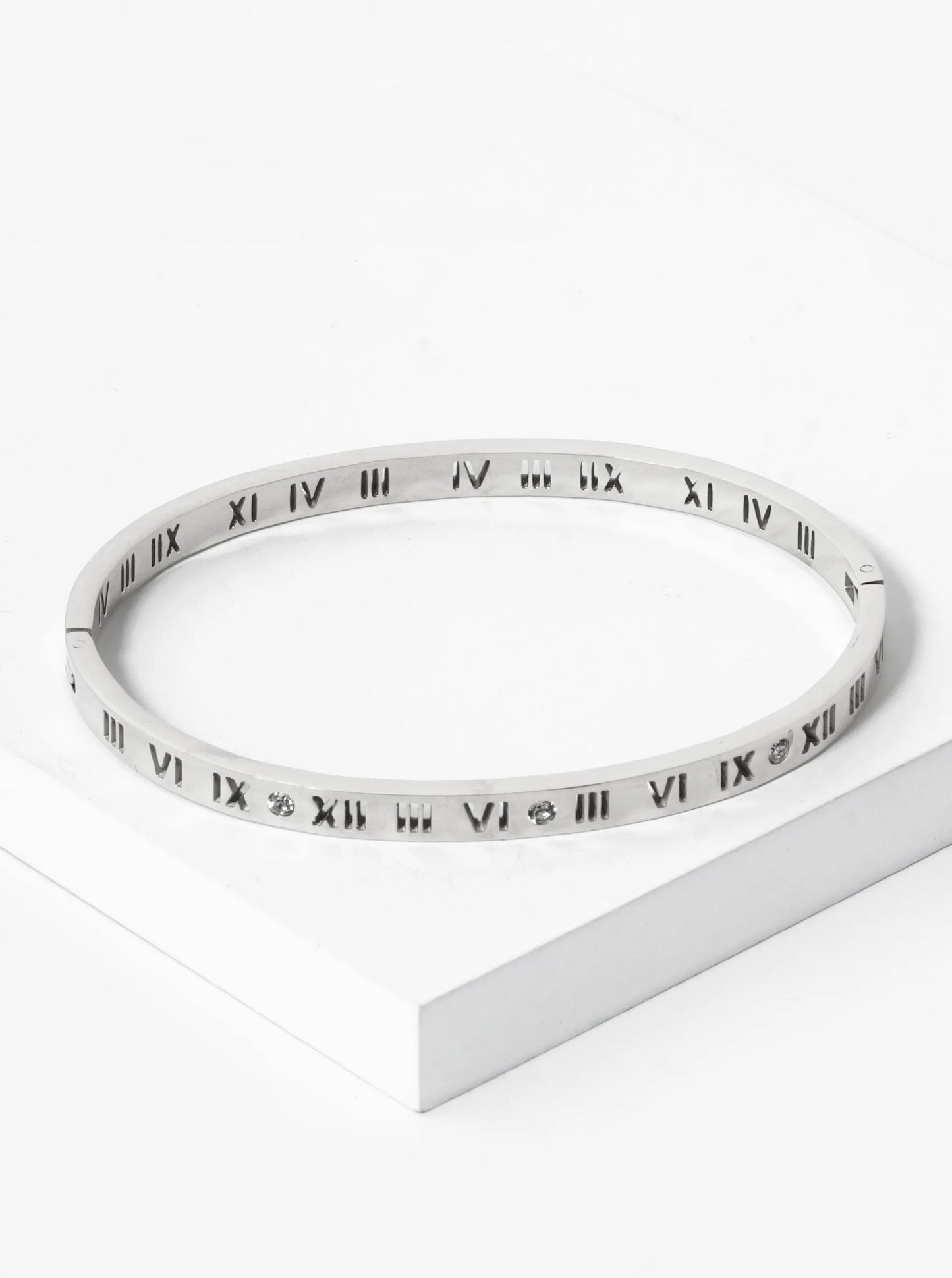 Roman Numeral Cutout 4mm Thick Stainless Steel Open Bangle Bracelet