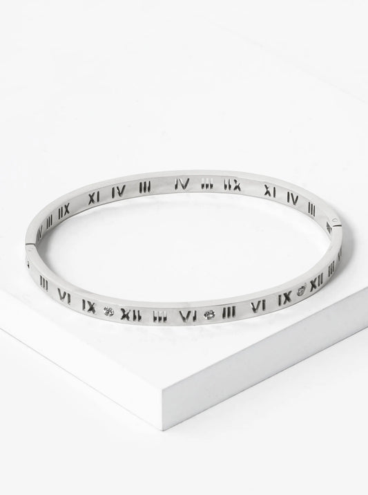 Roman Numeral Cutout 4mm Thick Stainless Steel Open Bangle Bracelet