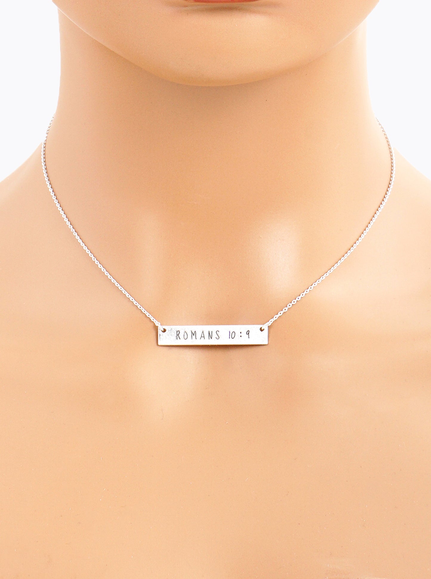 Romans 10 9 Engraved Horizontal Bar Pendant Necklace