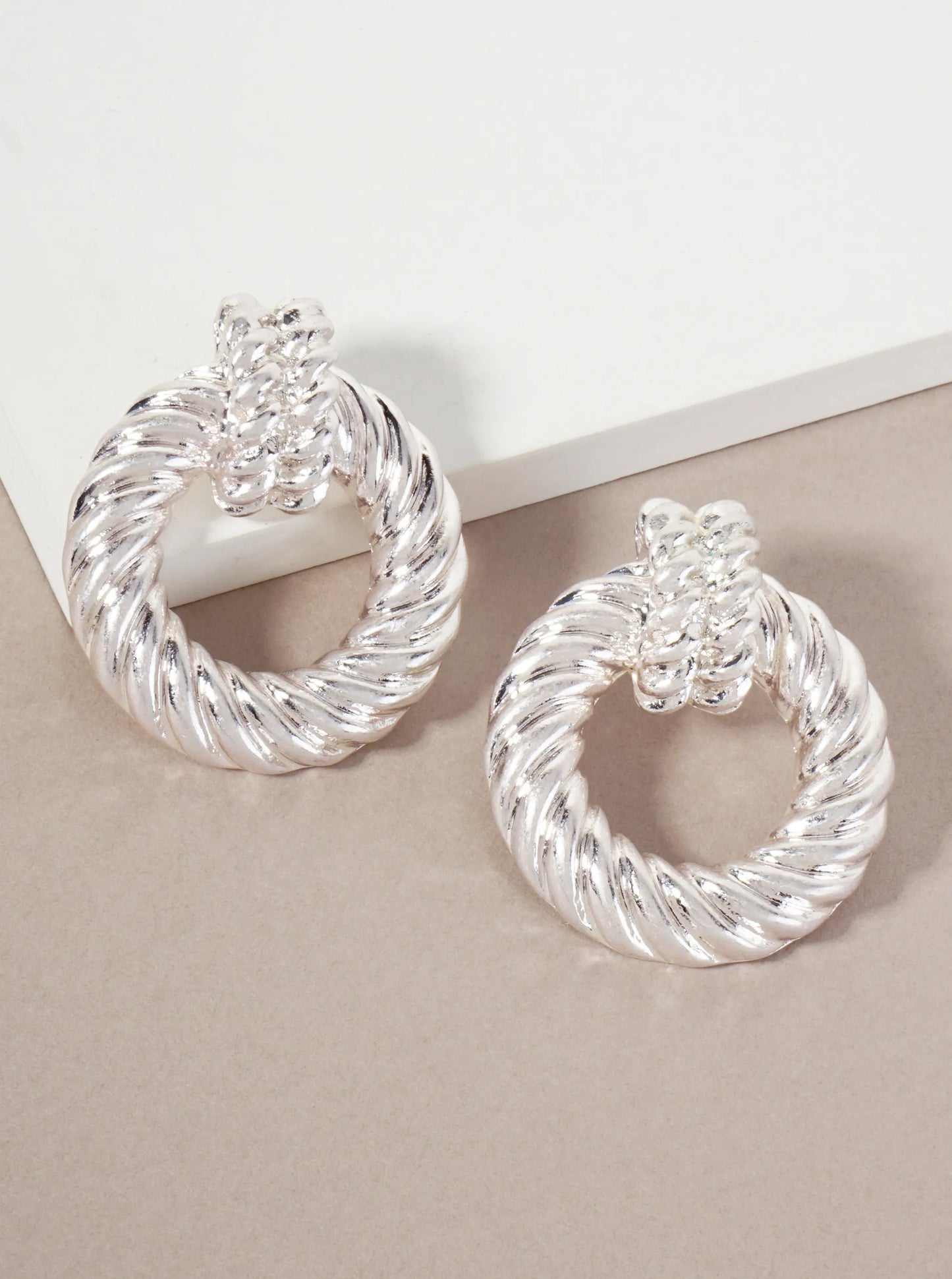 Rope-Texture Metal Doorknocker Design Post Earrings With-Titanium-Post