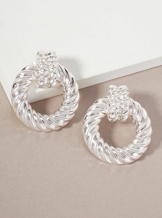 Rope-Texture Metal Doorknocker Design Post Earrings With-Titanium-Post