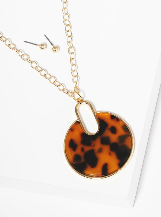 Round Acetate Pendant Long Necklace Set With Earrings