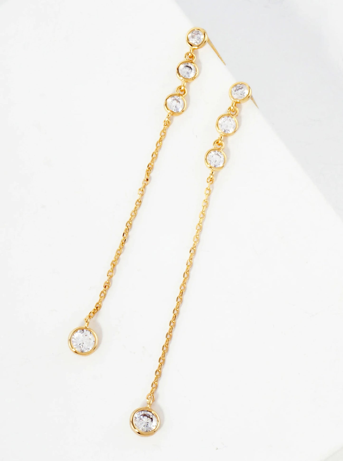 Round CZ Stone Trio With 4mm Stone Drop 18K-Gold-Dipped Chain Earrings