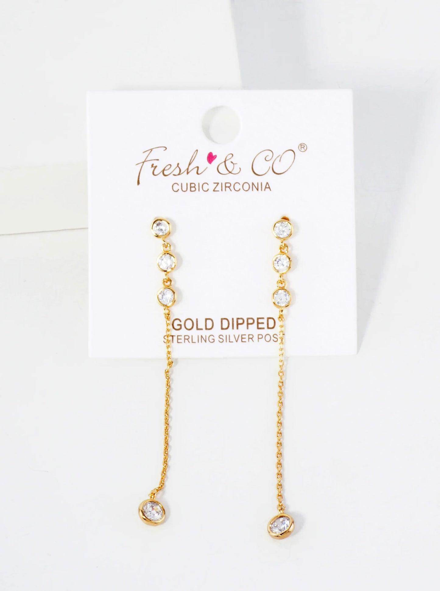 Round CZ Stone Trio With 4mm Stone Drop 18K-Gold-Dipped Chain Earrings