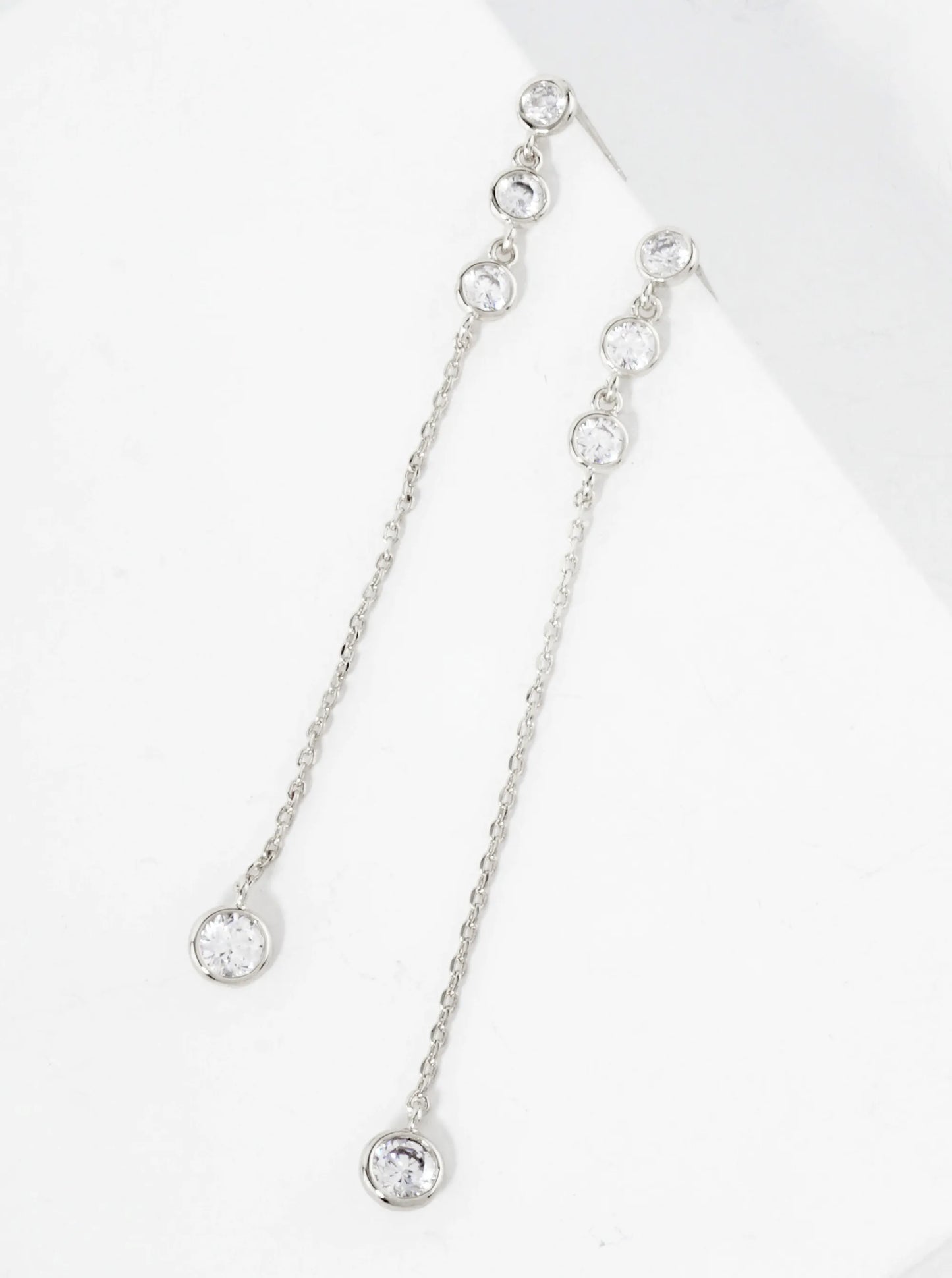 Round CZ Stone Trio With 4mm Stone Drop 18K-Gold-Dipped Chain Earrings