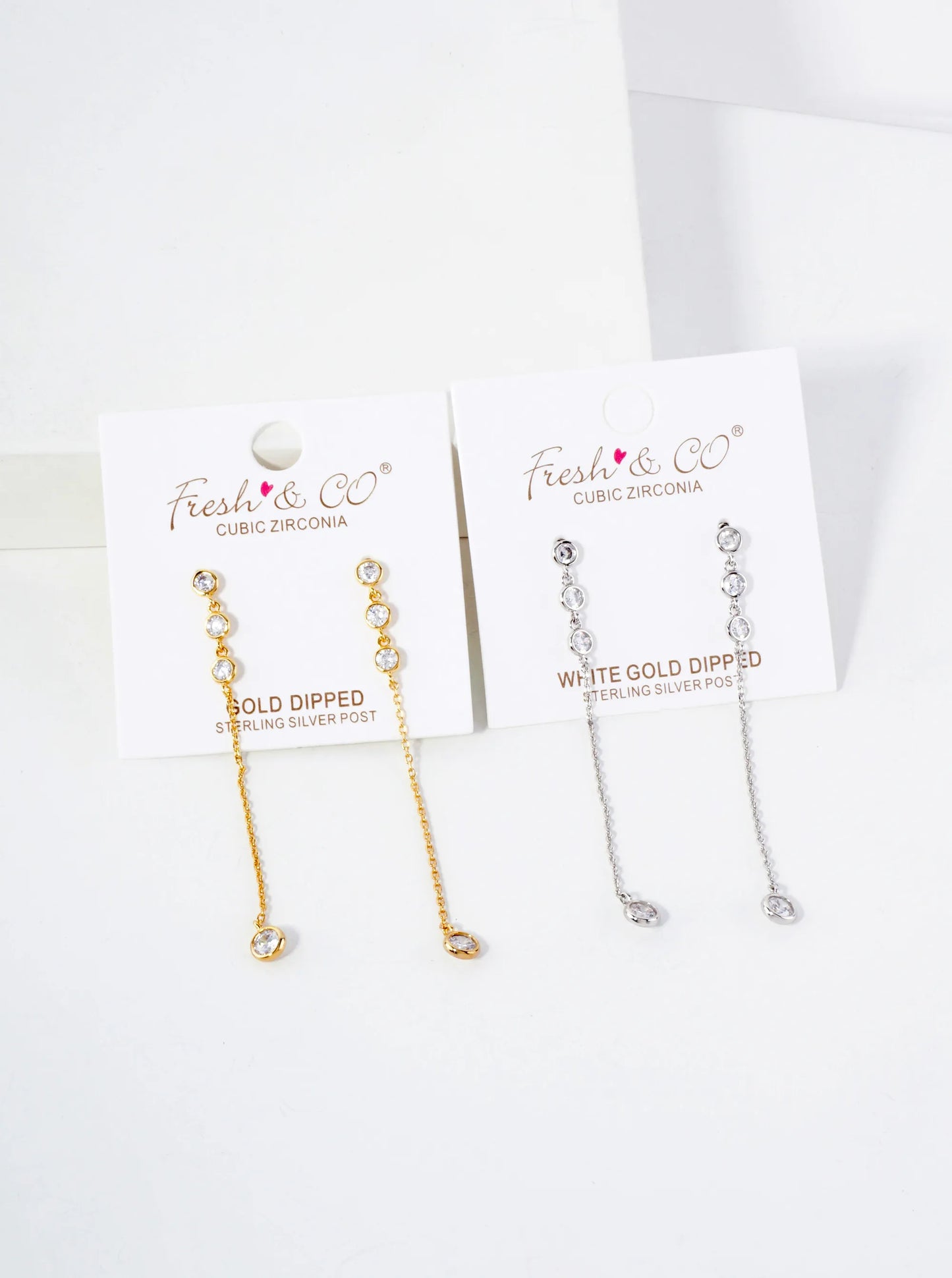 Round CZ Stone Trio With 4mm Stone Drop 18K-Gold-Dipped Chain Earrings