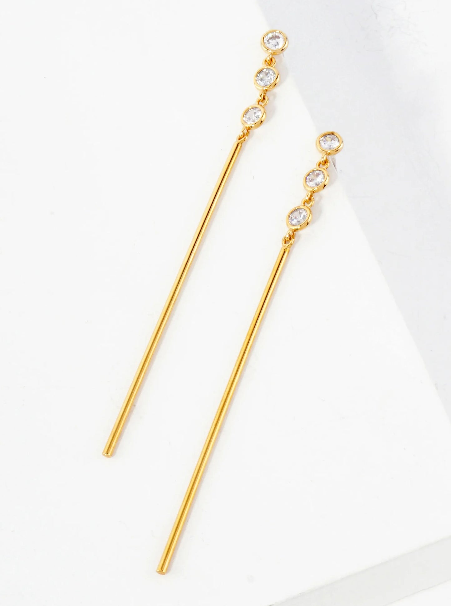 Round CZ Stone Trio With Brass Bar Drop 18K-Gold-Dipped Earrings