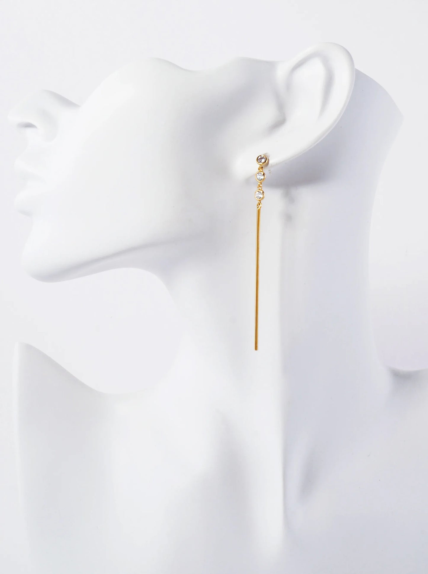 Round CZ Stone Trio With Brass Bar Drop 18K-Gold-Dipped Earrings