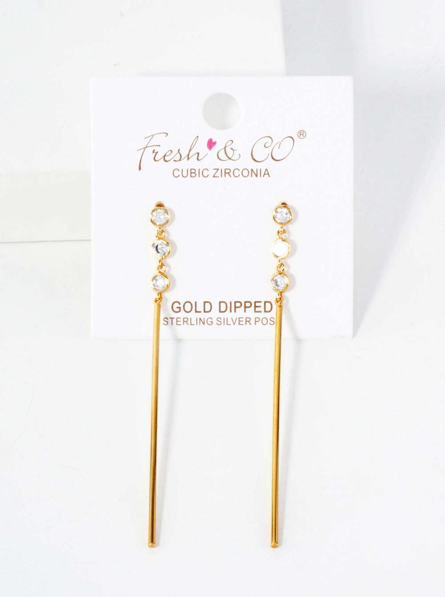 Round CZ Stone Trio With Brass Bar Drop 18K-Gold-Dipped Earrings