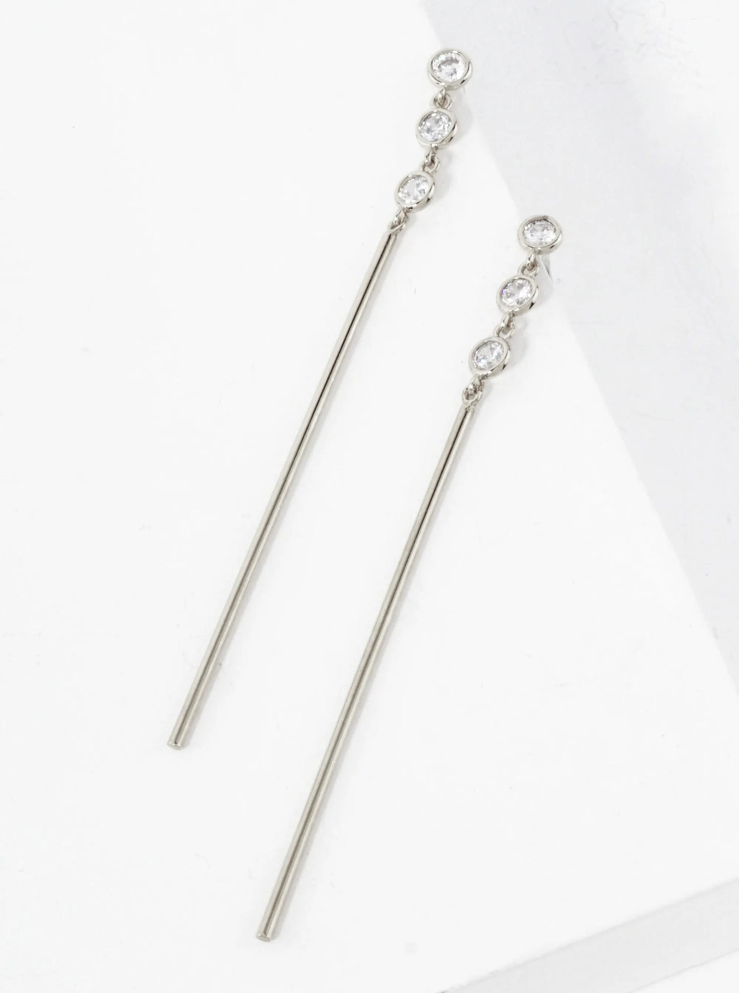 Round CZ Stone Trio With Brass Bar Drop 18K-Gold-Dipped Earrings