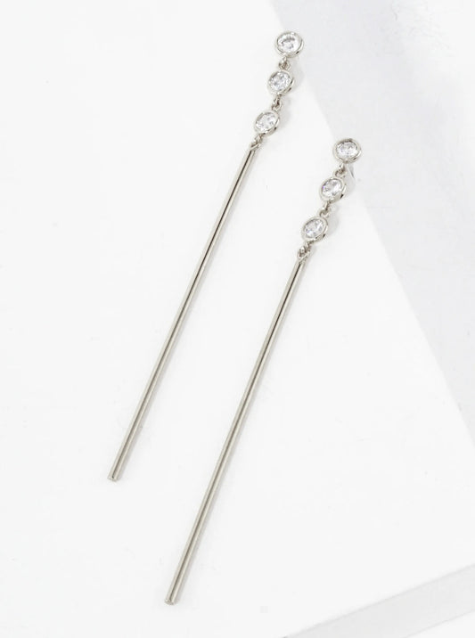 Round CZ Stone Trio With Brass Bar Drop 18K-Gold-Dipped Earrings
