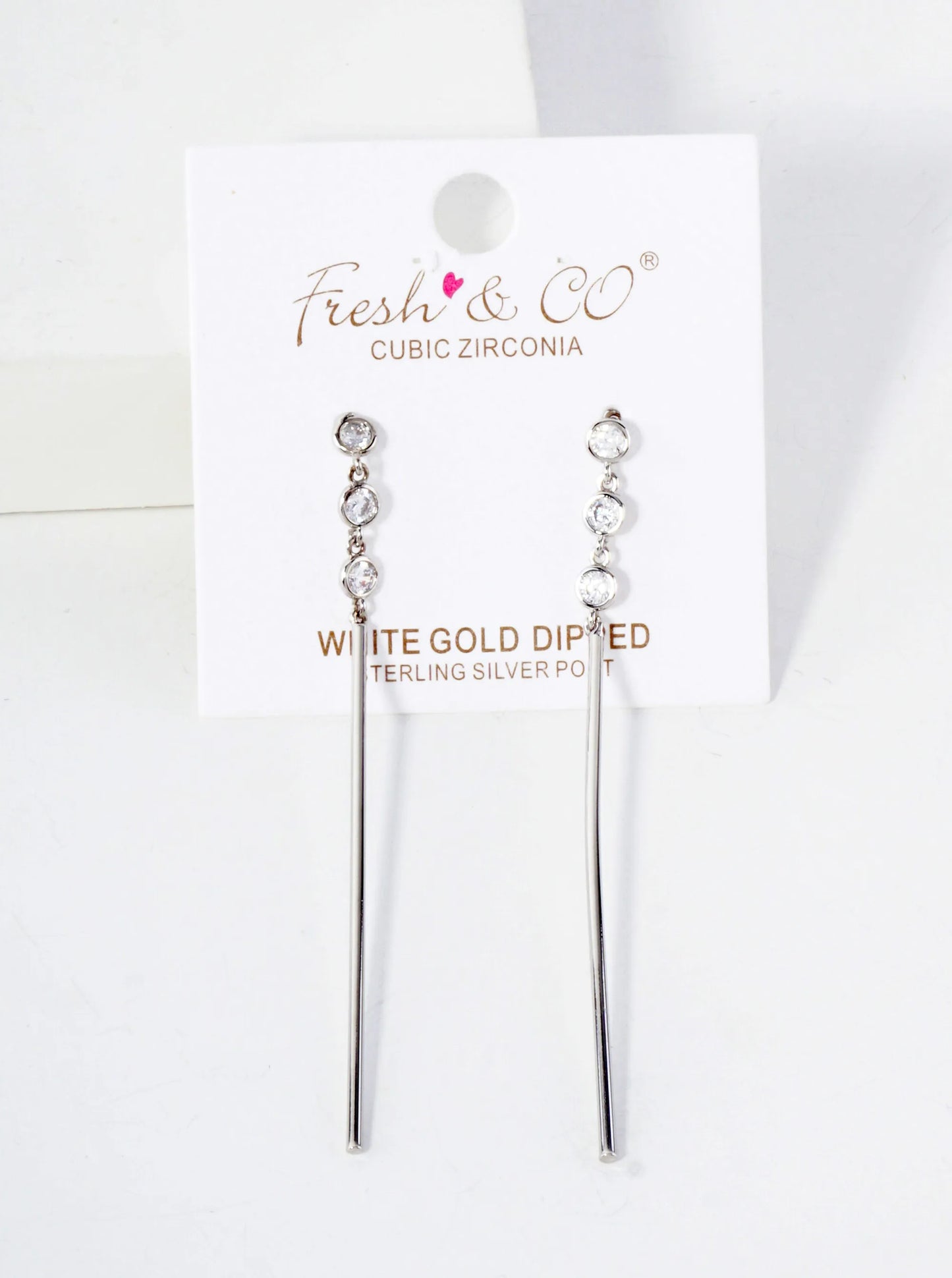 Round CZ Stone Trio With Brass Bar Drop 18K-Gold-Dipped Earrings