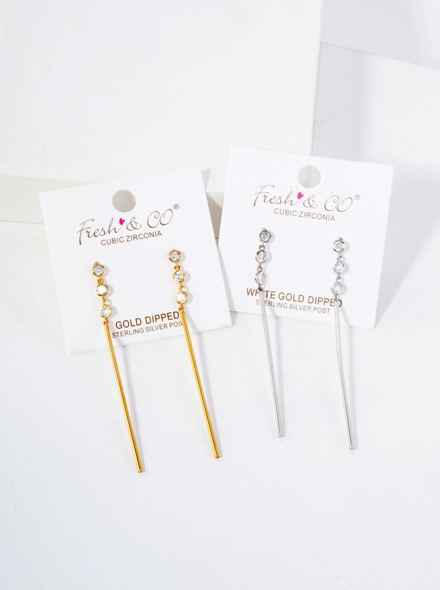 Round CZ Stone Trio With Brass Bar Drop 18K-Gold-Dipped Earrings