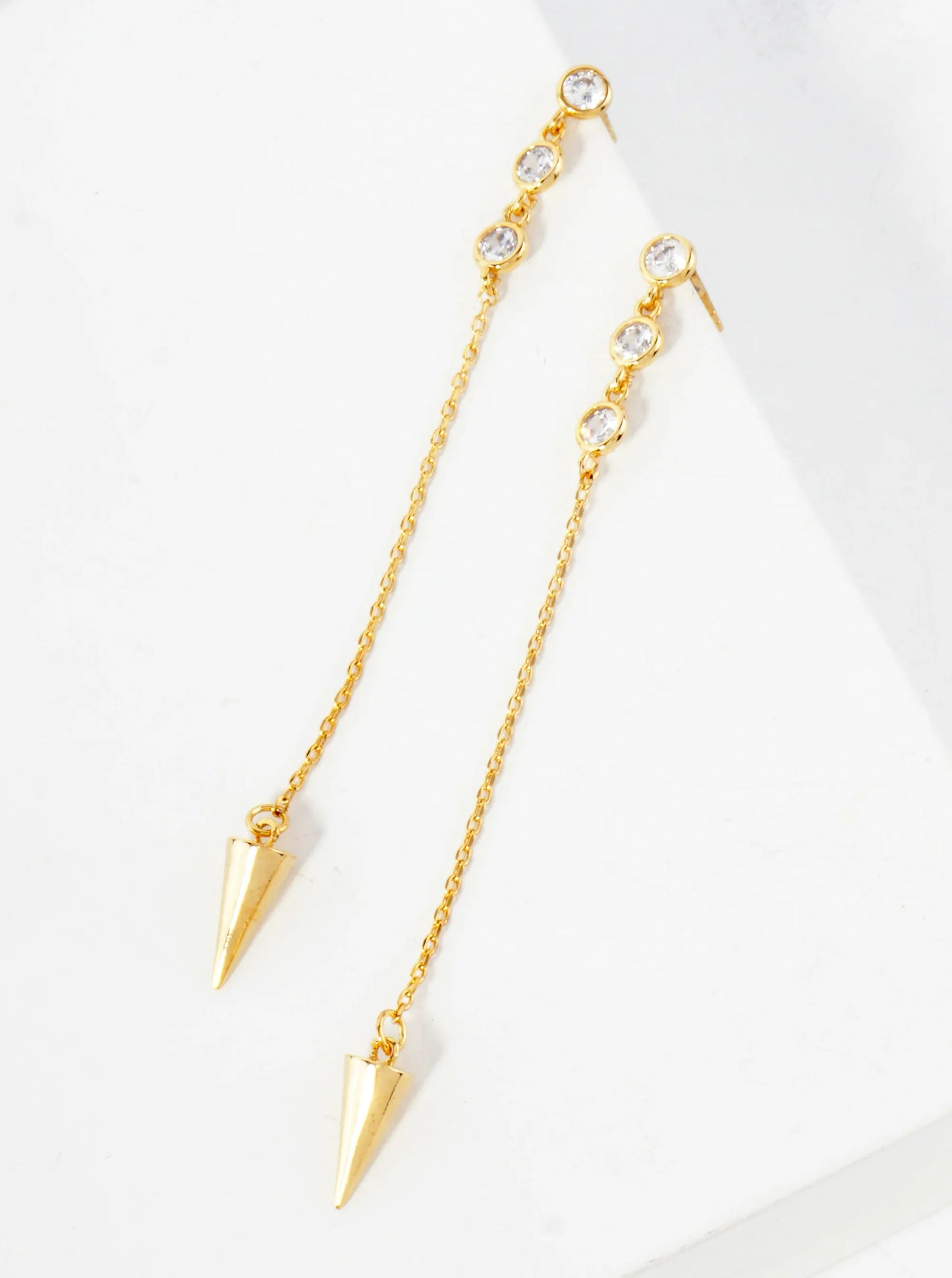 Round CZ Stone Trio With Spike Drop 18K-Gold-Dipped Chain Earrings
