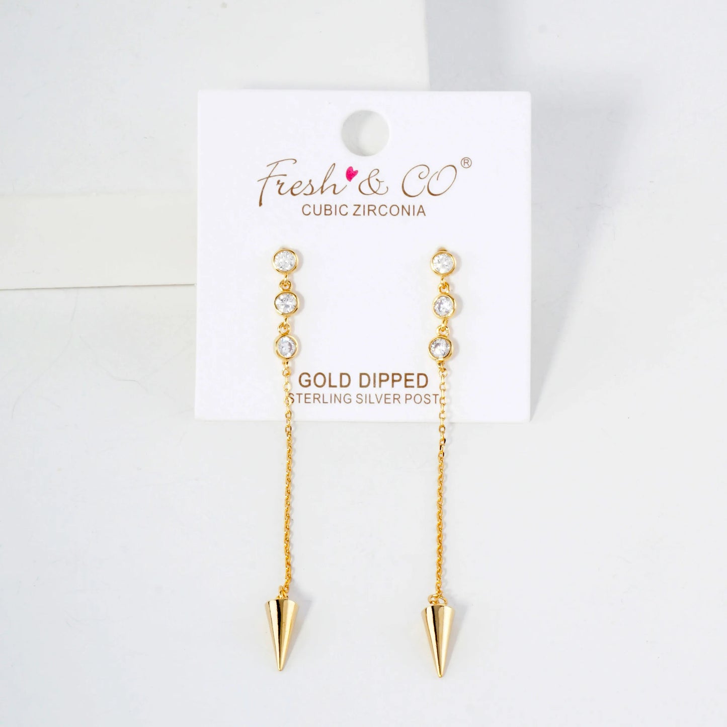 Round CZ Stone Trio With Spike Drop 18K-Gold-Dipped Chain Earrings