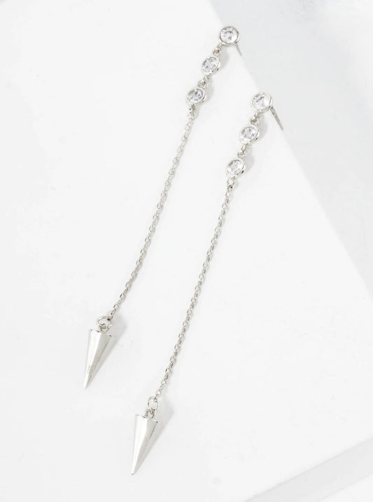 Round CZ Stone Trio With Spike Drop 18K-Gold-Dipped Chain Earrings