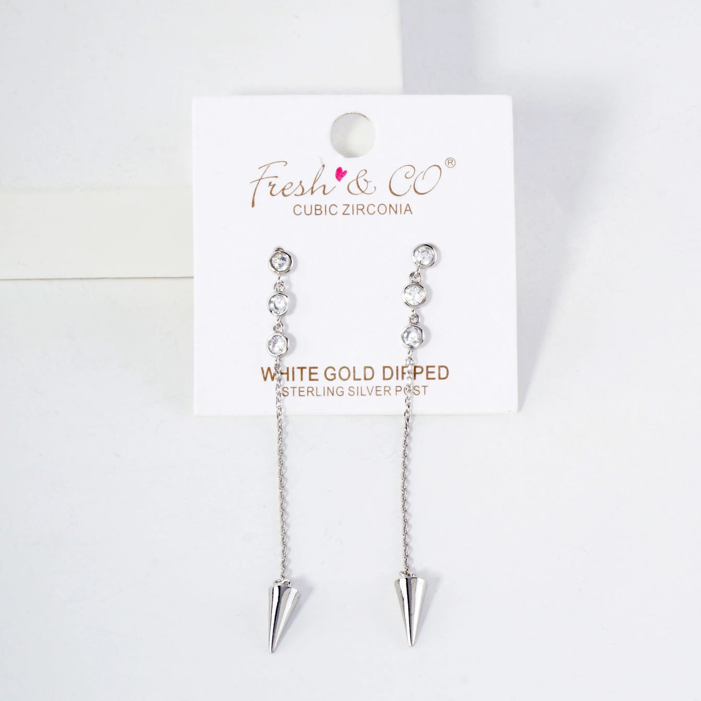 Round CZ Stone Trio With Spike Drop 18K-Gold-Dipped Chain Earrings