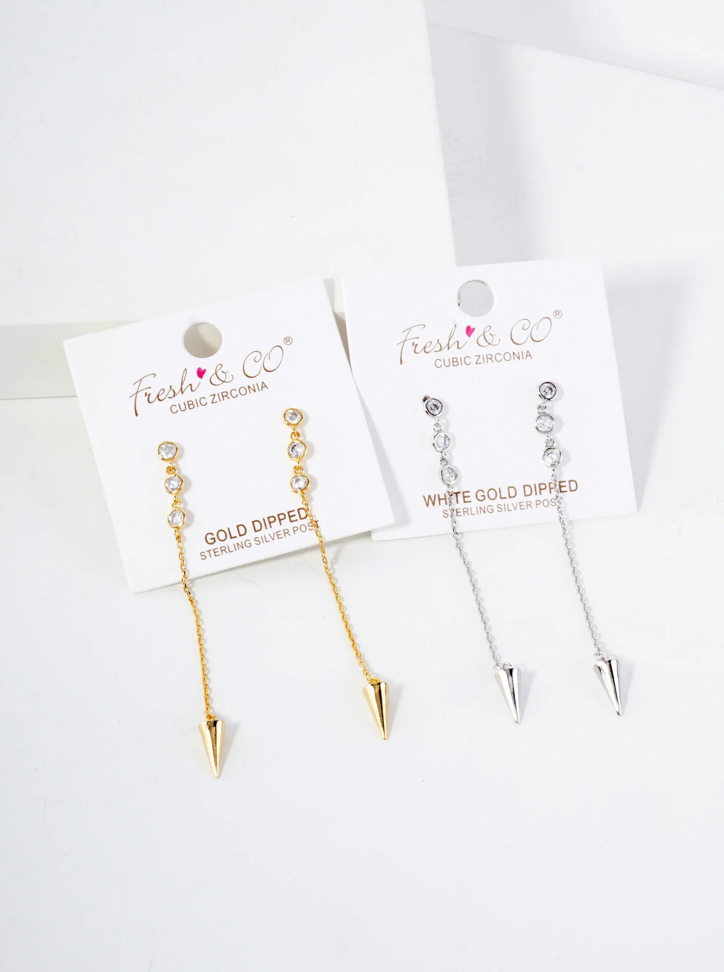Round CZ Stone Trio With Spike Drop 18K-Gold-Dipped Chain Earrings