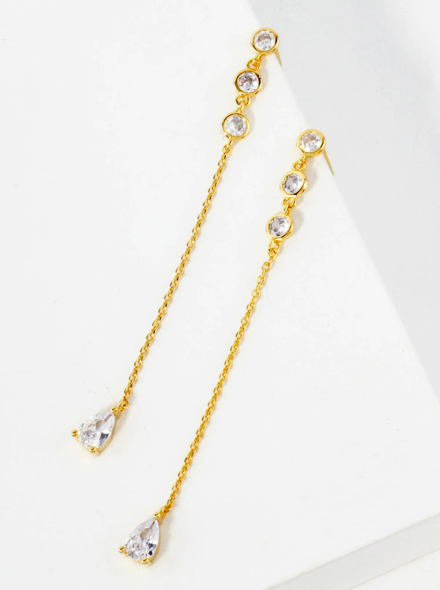 Round CZ Stone Trio With Teardrop Drop 18K-Gold-Dipped Chain Earrings