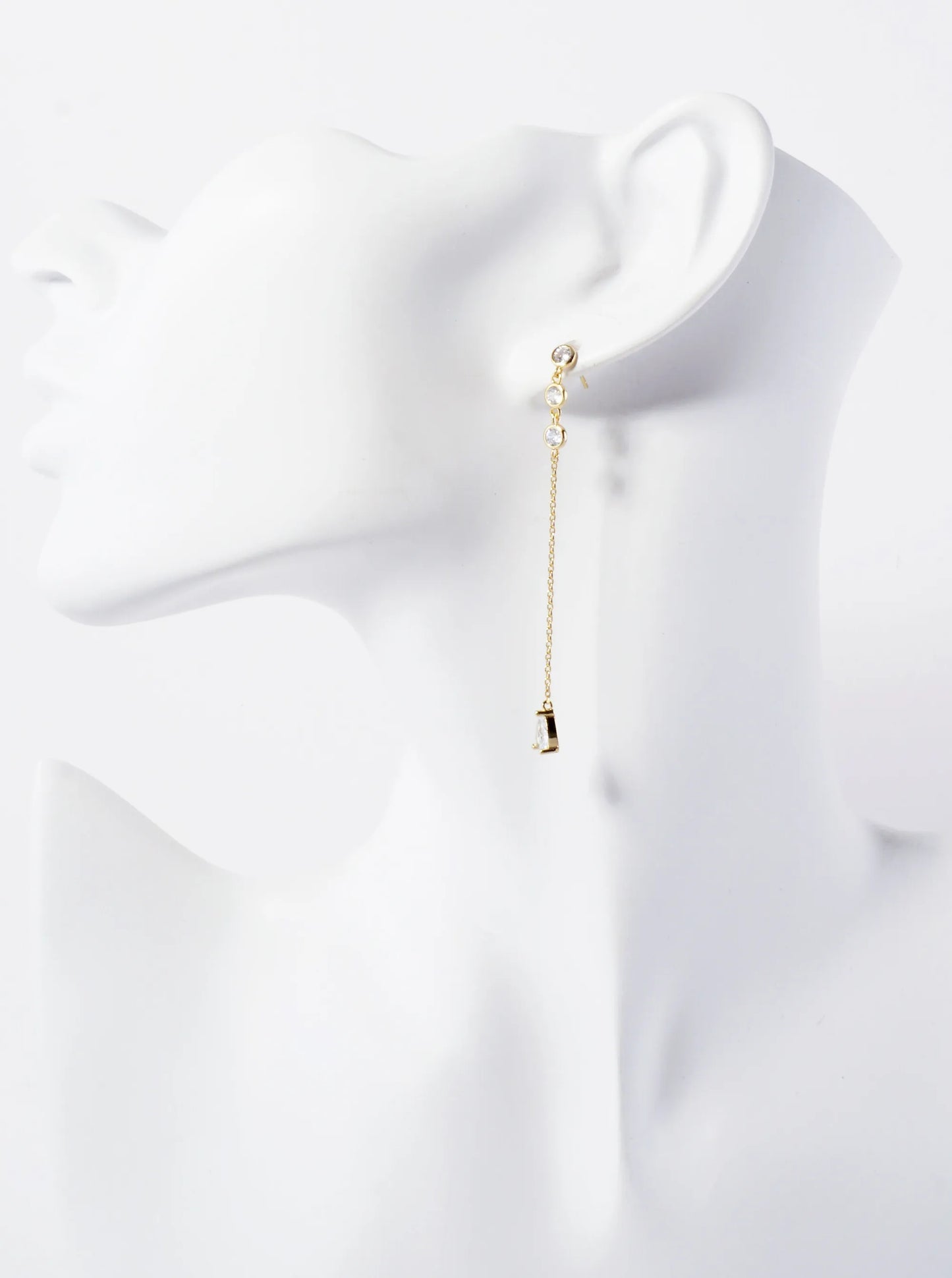 Round CZ Stone Trio With Teardrop Drop 18K-Gold-Dipped Chain Earrings