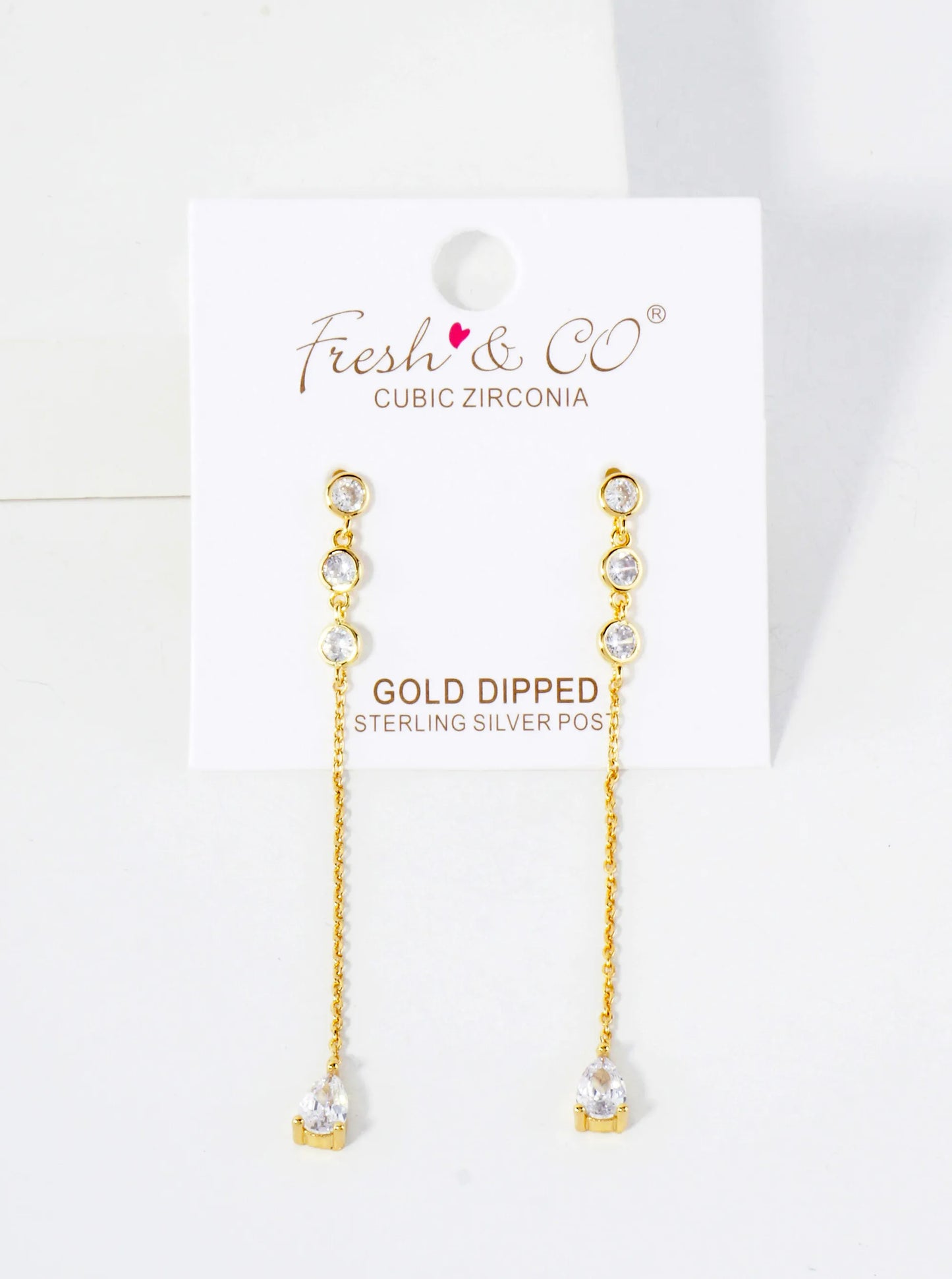 Round CZ Stone Trio With Teardrop Drop 18K-Gold-Dipped Chain Earrings
