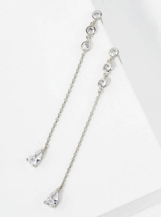 Round CZ Stone Trio With Teardrop Drop 18K-Gold-Dipped Chain Earrings