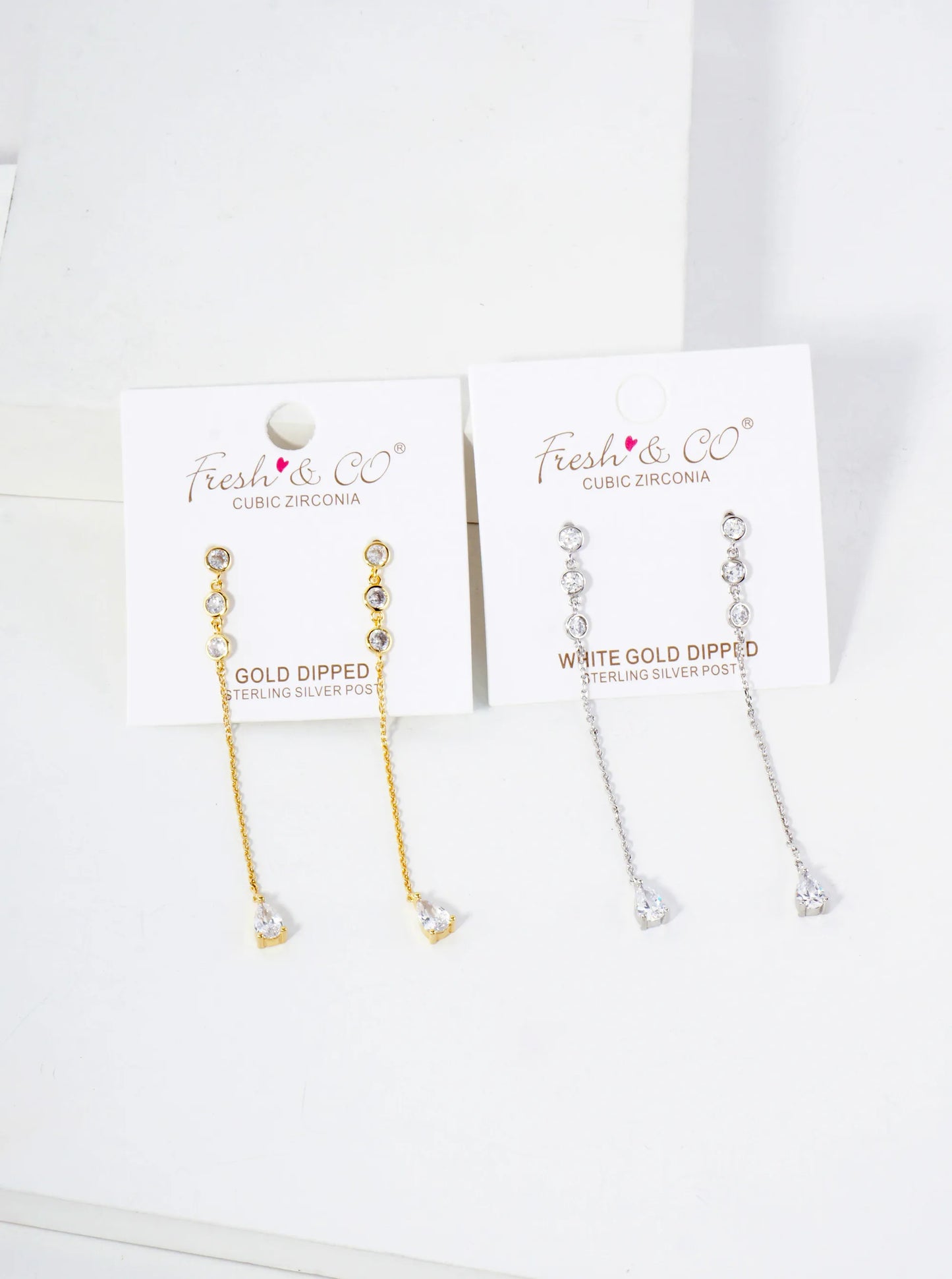 Round CZ Stone Trio With Teardrop Drop 18K-Gold-Dipped Chain Earrings