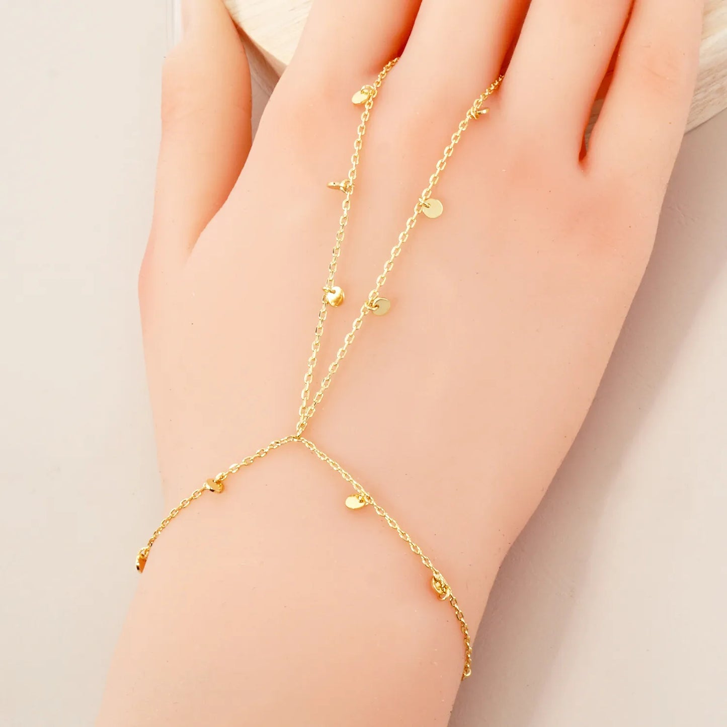 Round Charms 18K-Gold-Dipped Delicate Brass Hand-Chain Bracelet