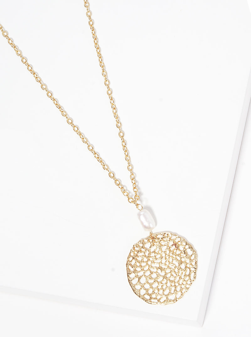 Round Coral Filigree With Freshwater Pearl Pendant Necklace