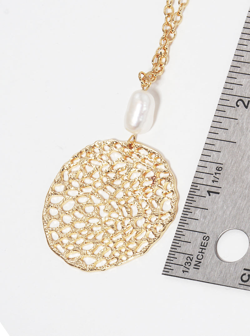 Round Coral Filigree With Freshwater Pearl Pendant Necklace