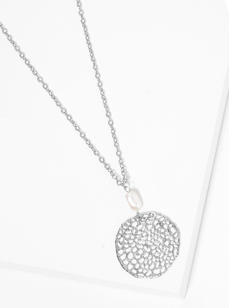 Round Coral Filigree With Freshwater Pearl Pendant Necklace