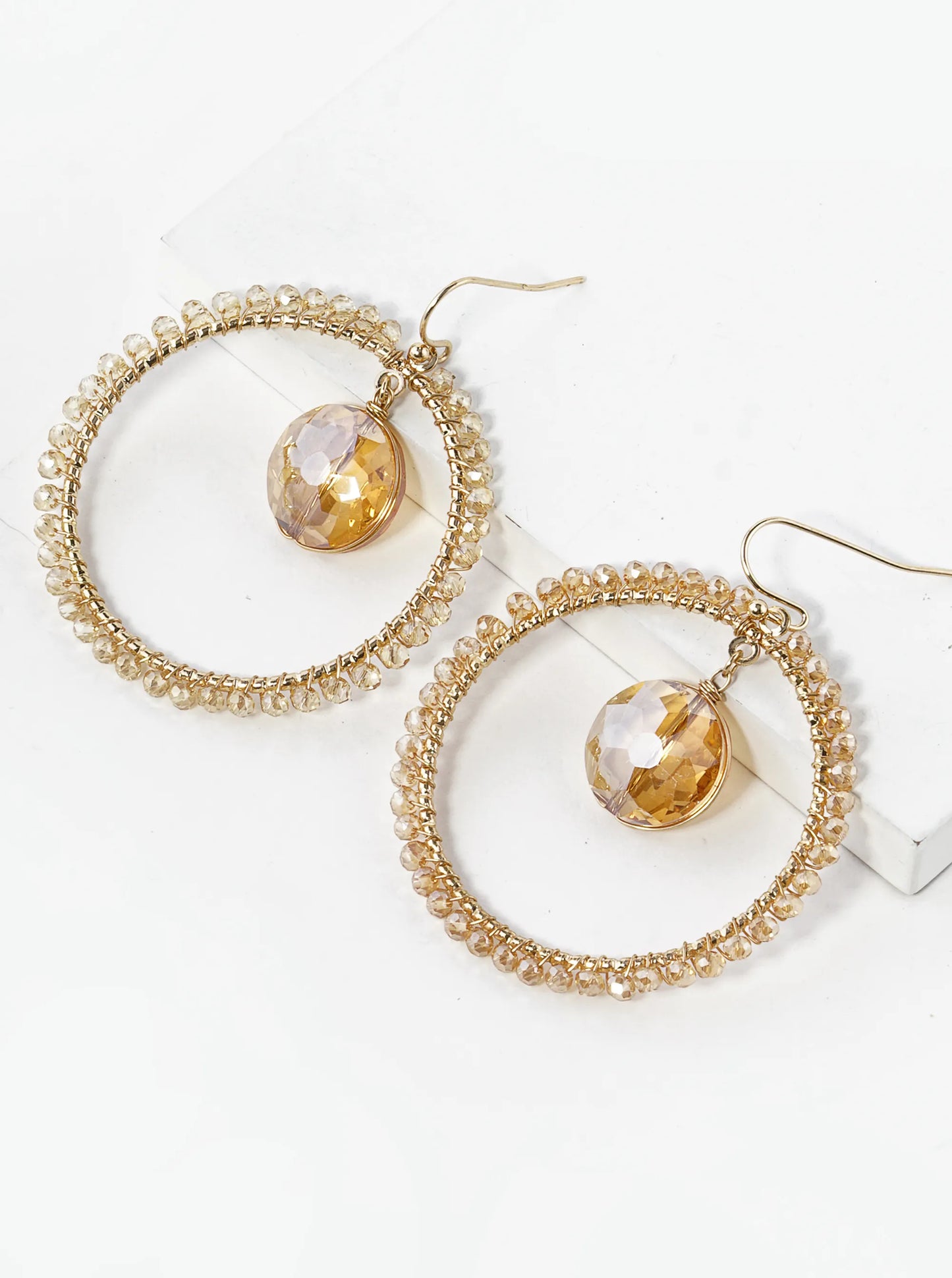 Round Crystal In Beaded Circle Drop Dangle Earrings