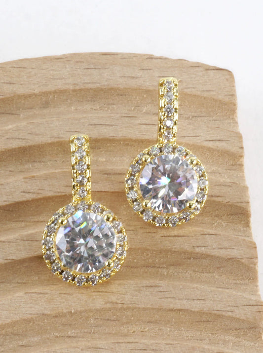 Round Halo Cubic Zirconia Pave Drop Earrings