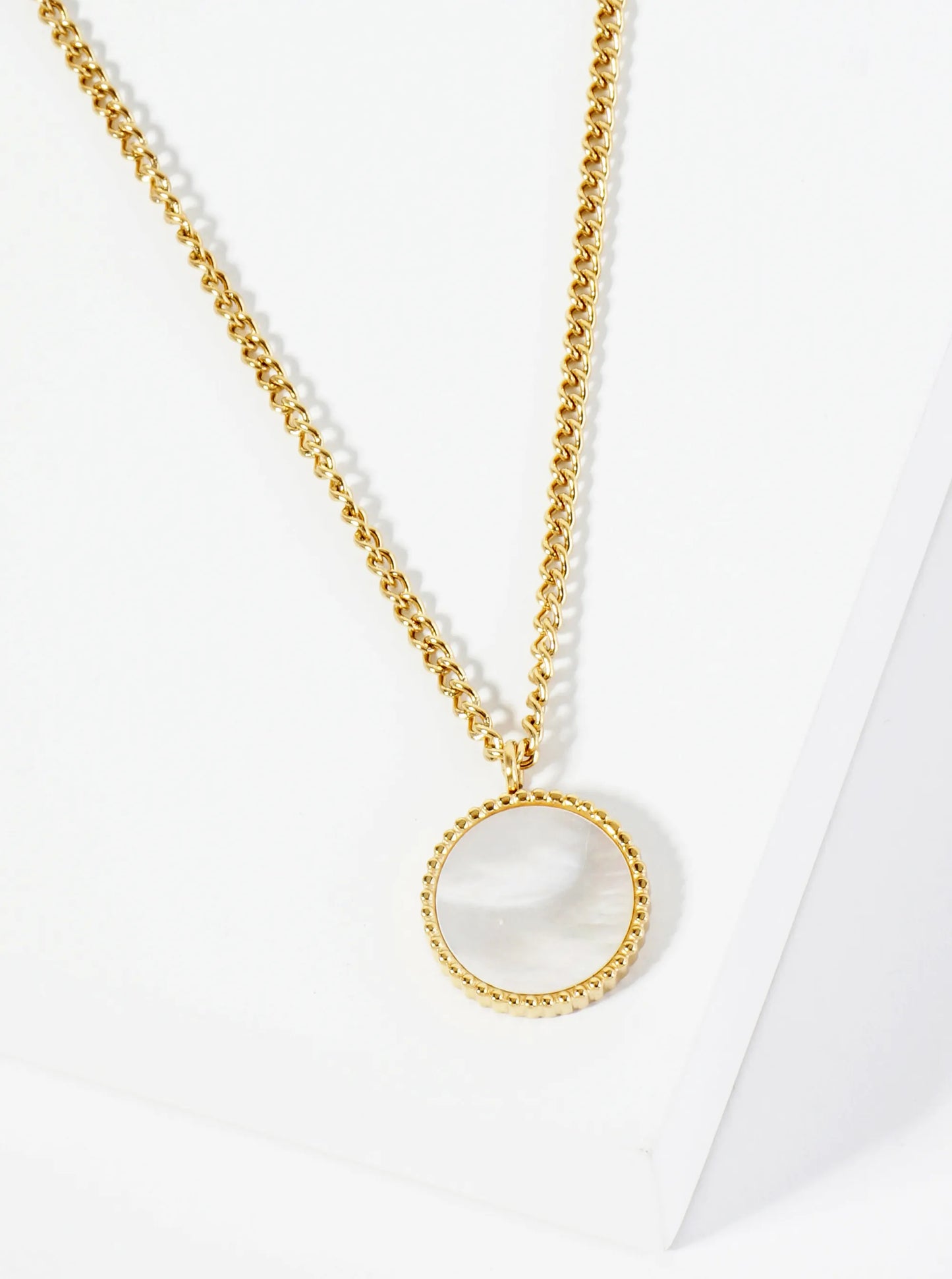 Round MOP Pearl Pendant Hypoallergenic Stainless Steel Necklace