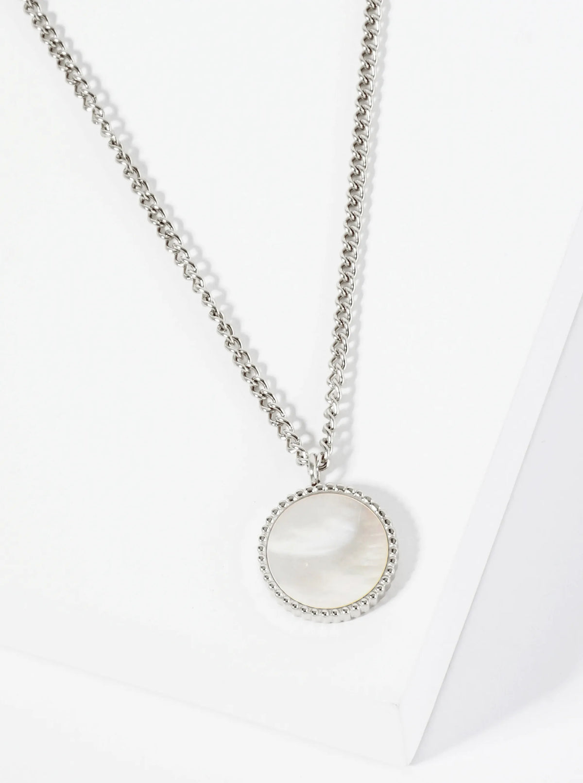 Round MOP Pearl Pendant Hypoallergenic Stainless Steel Necklace