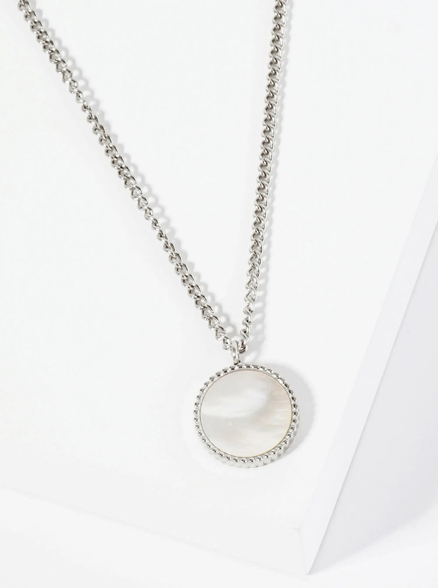 Round MOP Pearl Pendant Hypoallergenic Stainless Steel Necklace