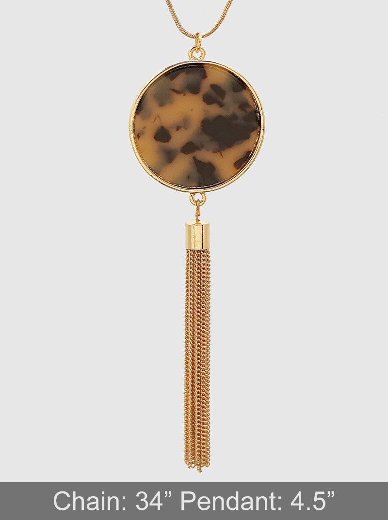 Round Shaped Cellulose Acetate Pendant With Zinc Alloy Tassel Chain Long Necklace