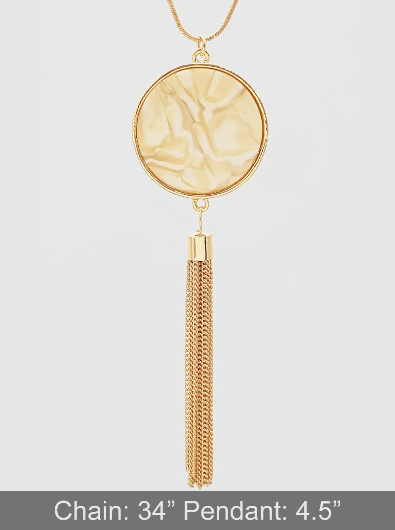 Round Shaped Cellulose Acetate Pendant With Zinc Alloy Tassel Chain Long Necklace