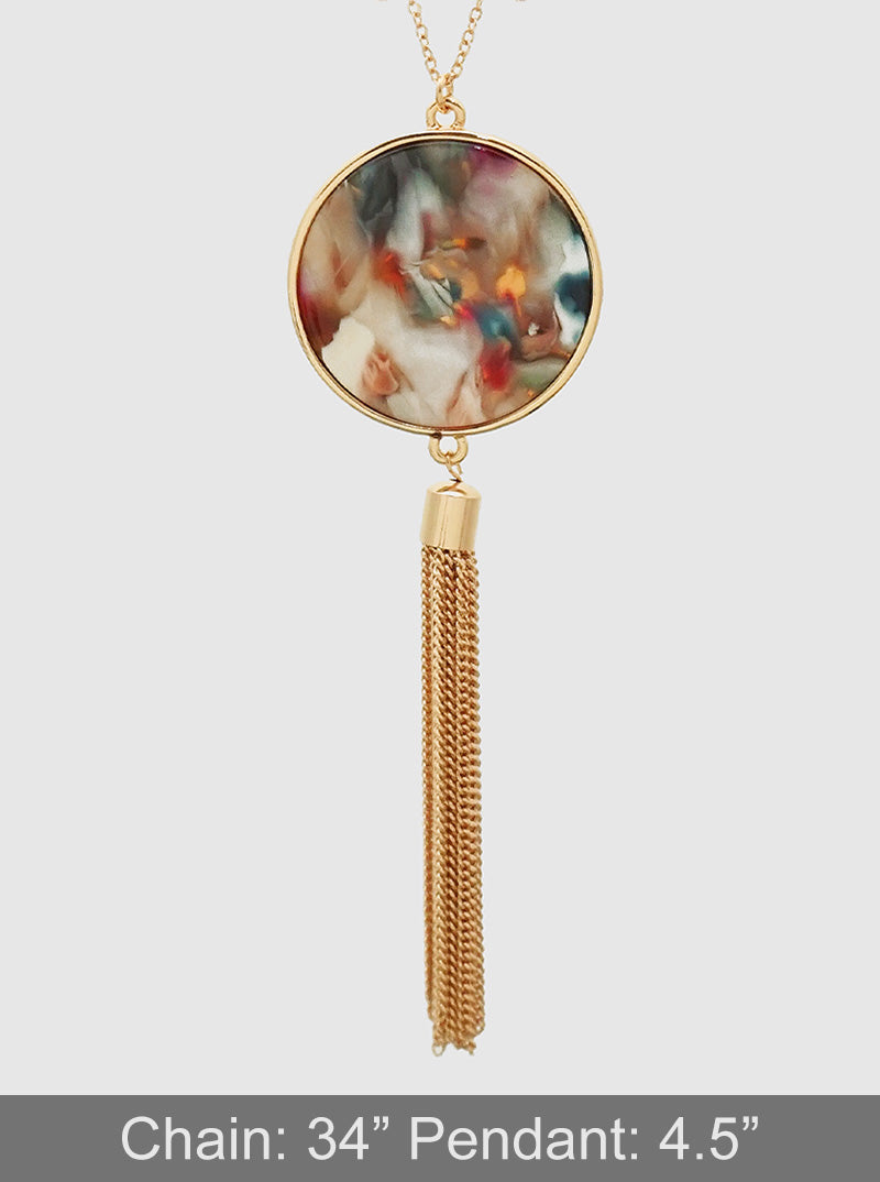 Round Shaped Cellulose Acetate Pendant With Zinc Alloy Tassel Chain Long Necklace