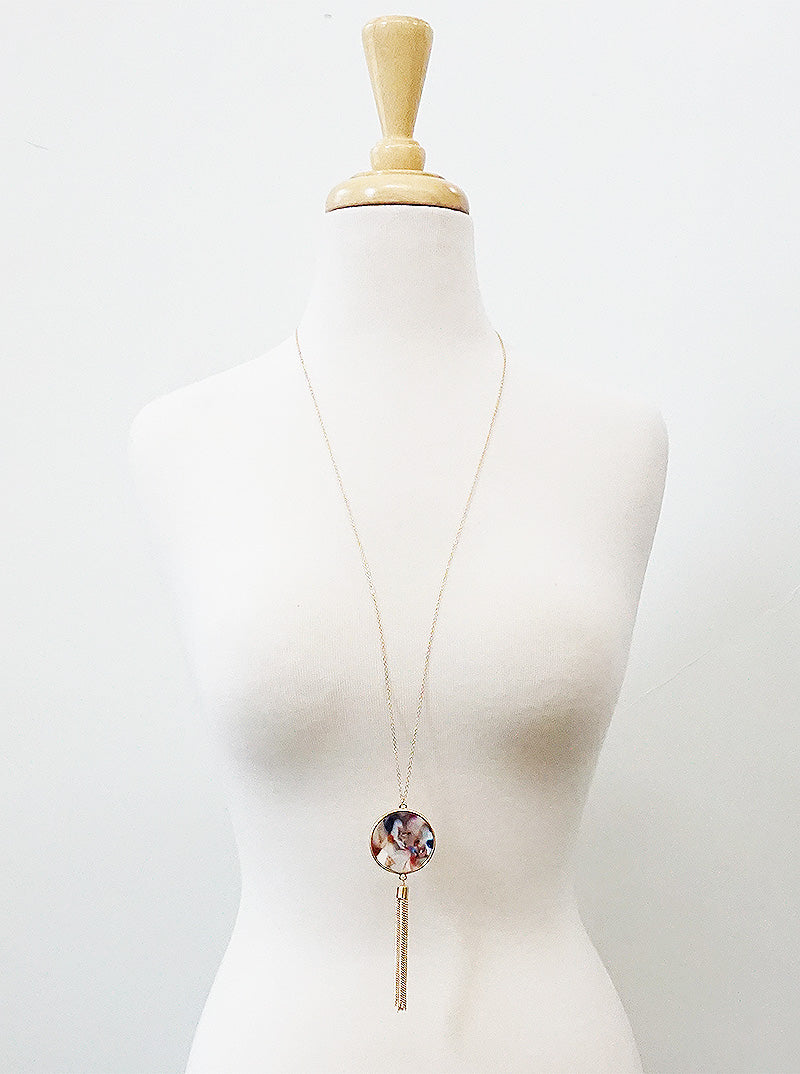 Round Shaped Cellulose Acetate Pendant With Zinc Alloy Tassel Chain Long Necklace