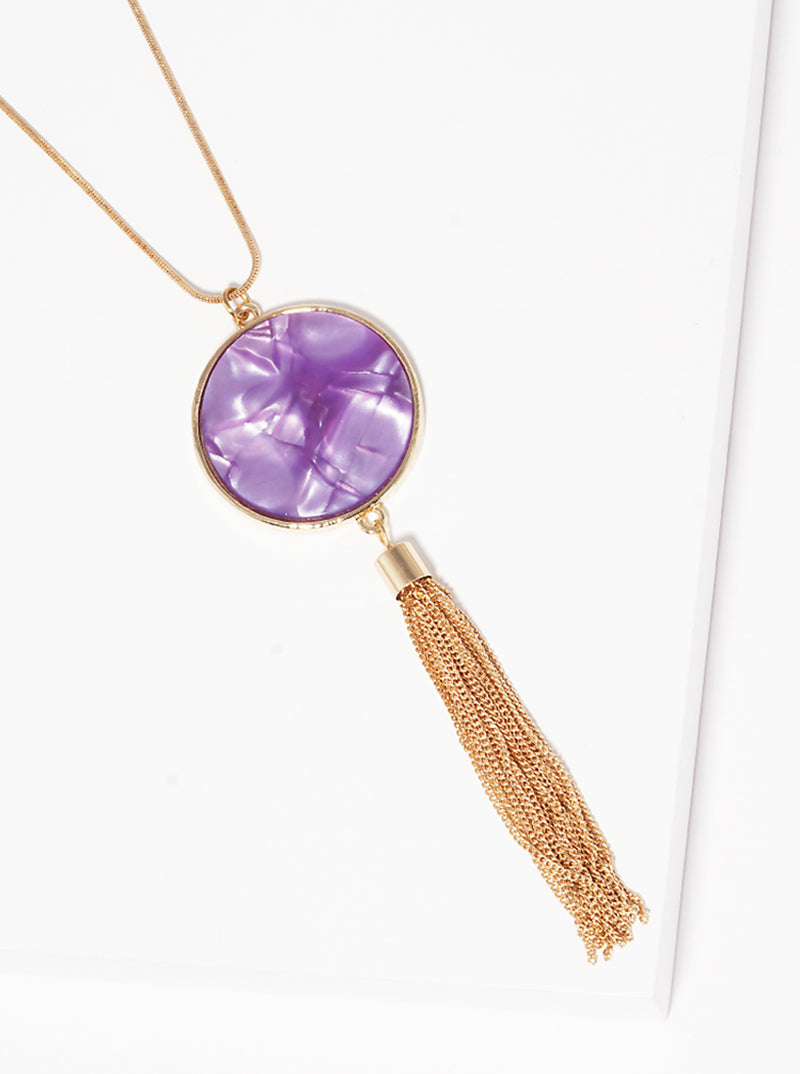 Round Shaped Cellulose Acetate Pendant With Zinc Alloy Tassel Chain Long Necklace