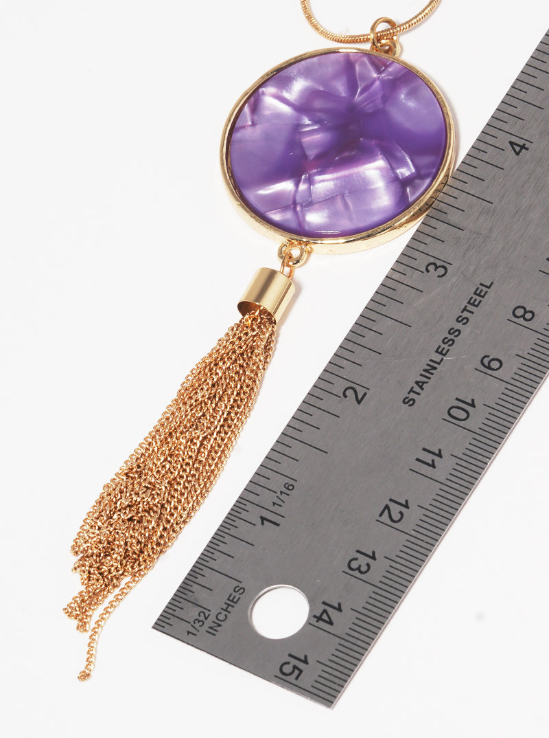 Round Shaped Cellulose Acetate Pendant With Zinc Alloy Tassel Chain Long Necklace