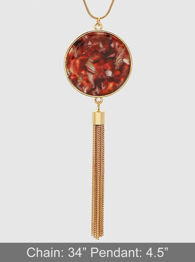Round Shaped Cellulose Acetate Pendant With Zinc Alloy Tassel Chain Long Necklace