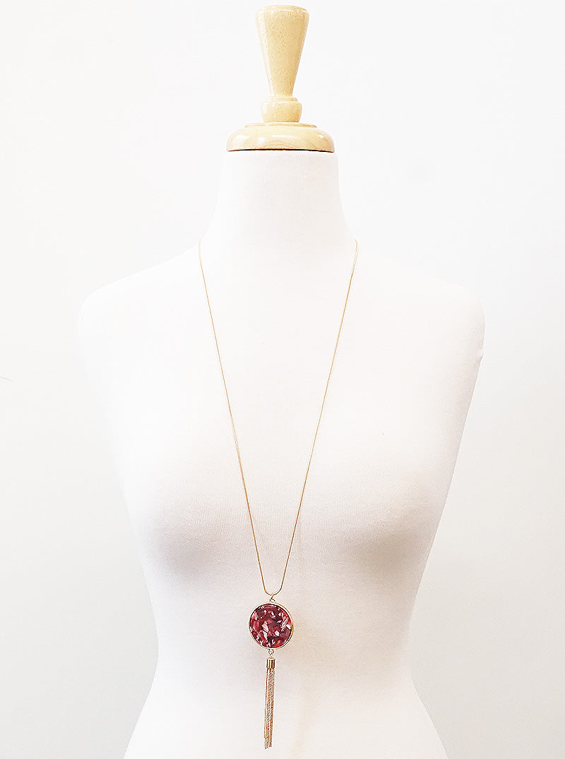 Round Shaped Cellulose Acetate Pendant With Zinc Alloy Tassel Chain Long Necklace