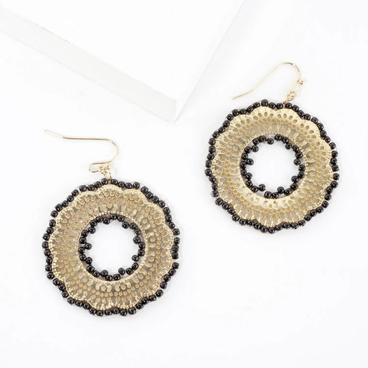 Round Stenciled Seed Beads Wrapped Dangle Earrings