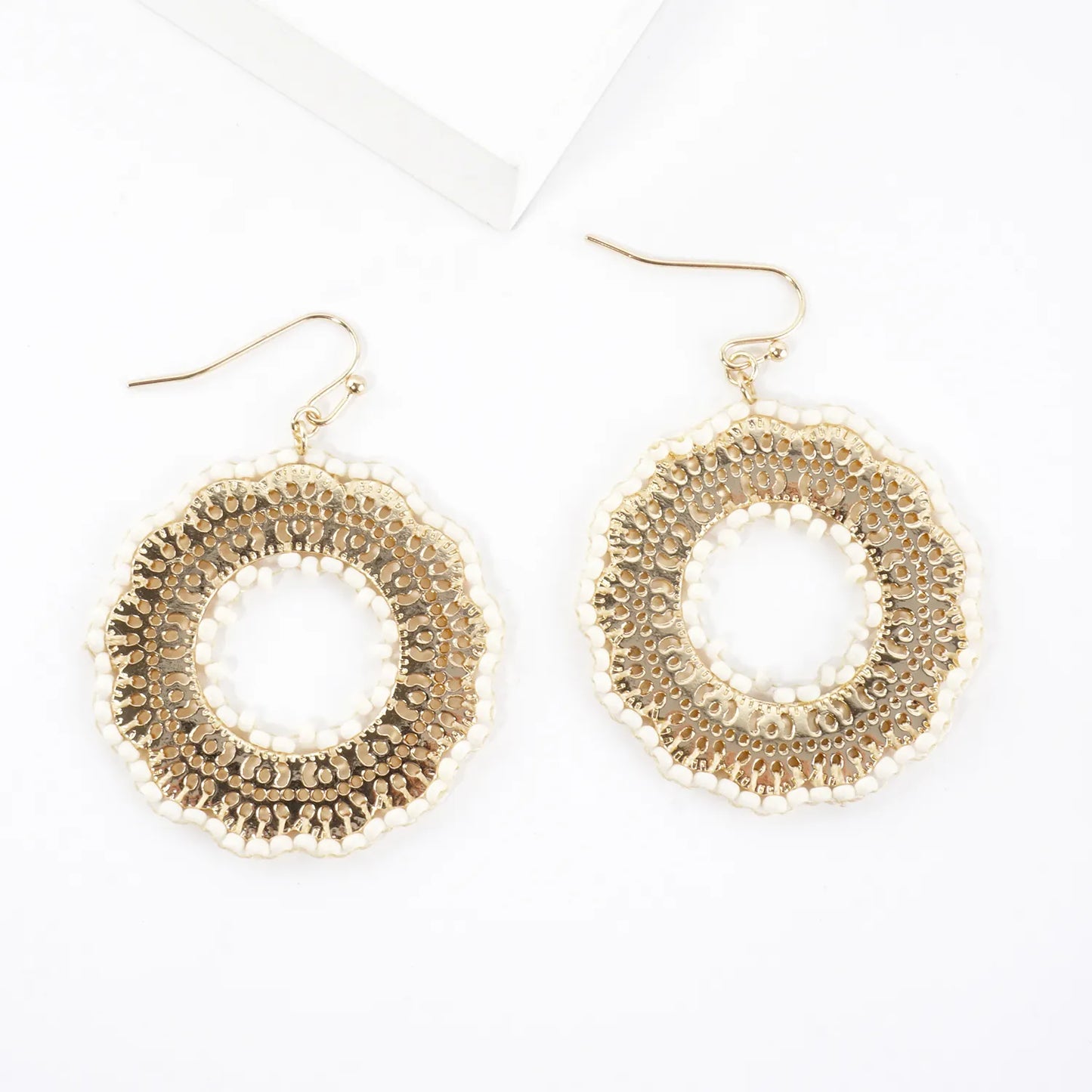 Round Stenciled Seed Beads Wrapped Dangle Earrings