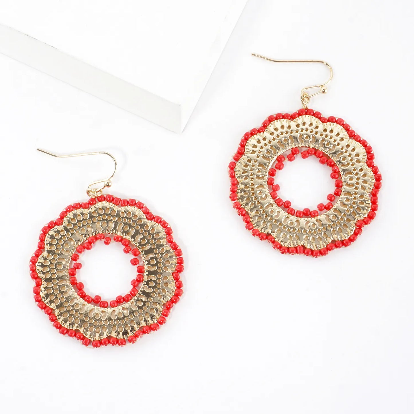 Round Stenciled Seed Beads Wrapped Dangle Earrings