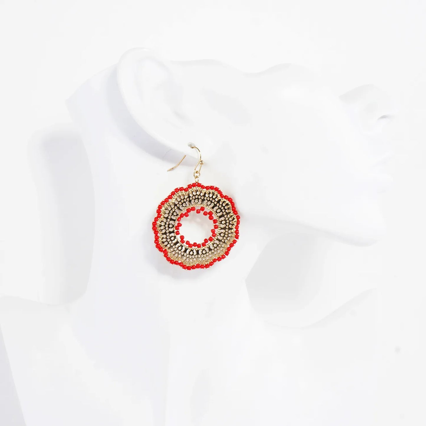 Round Stenciled Seed Beads Wrapped Dangle Earrings