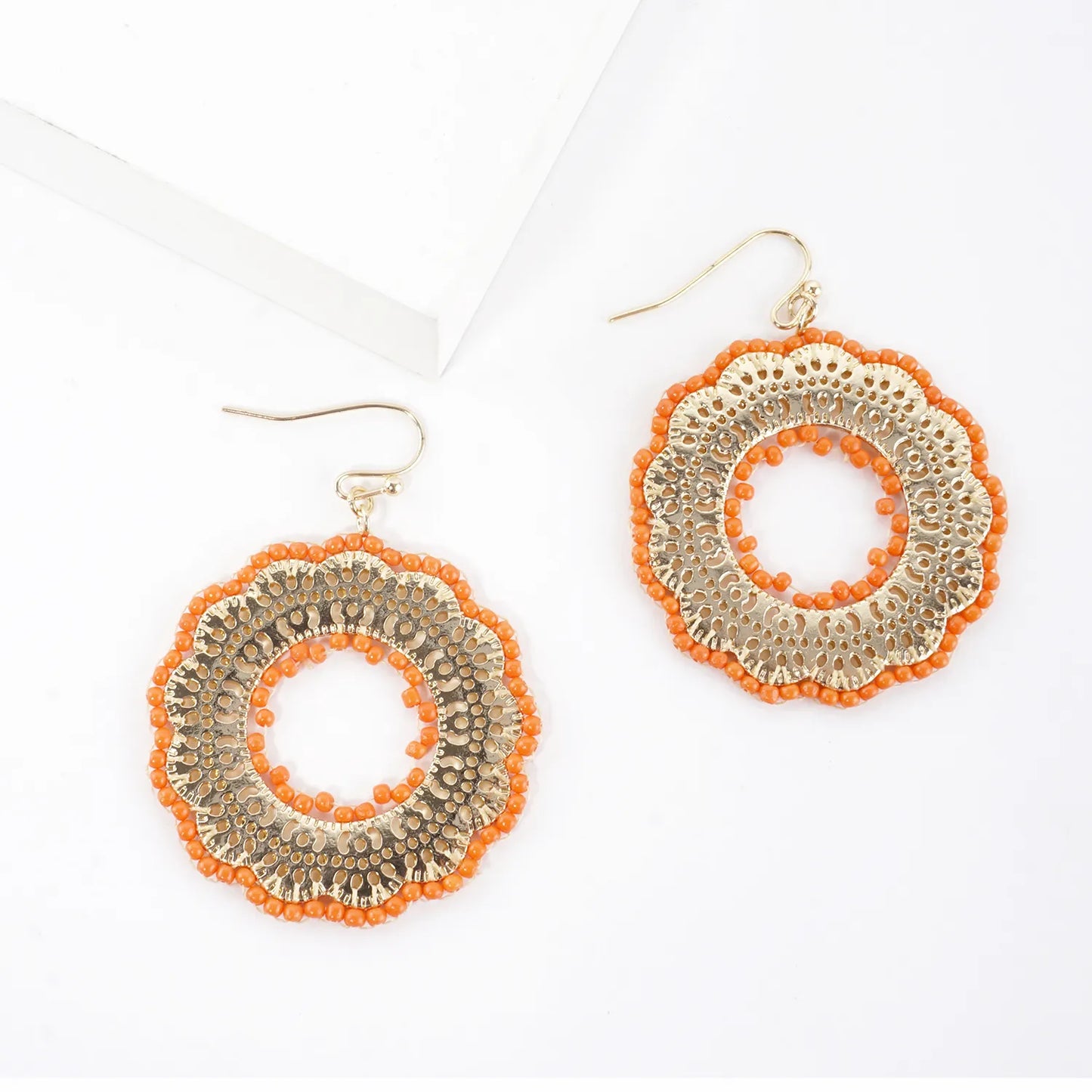 Round Stenciled Seed Beads Wrapped Dangle Earrings
