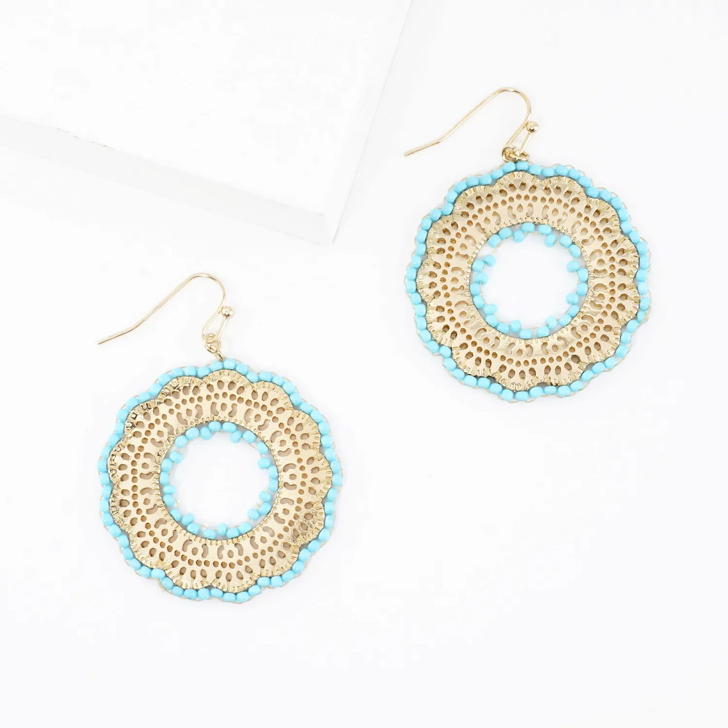 Round Stenciled Seed Beads Wrapped Dangle Earrings